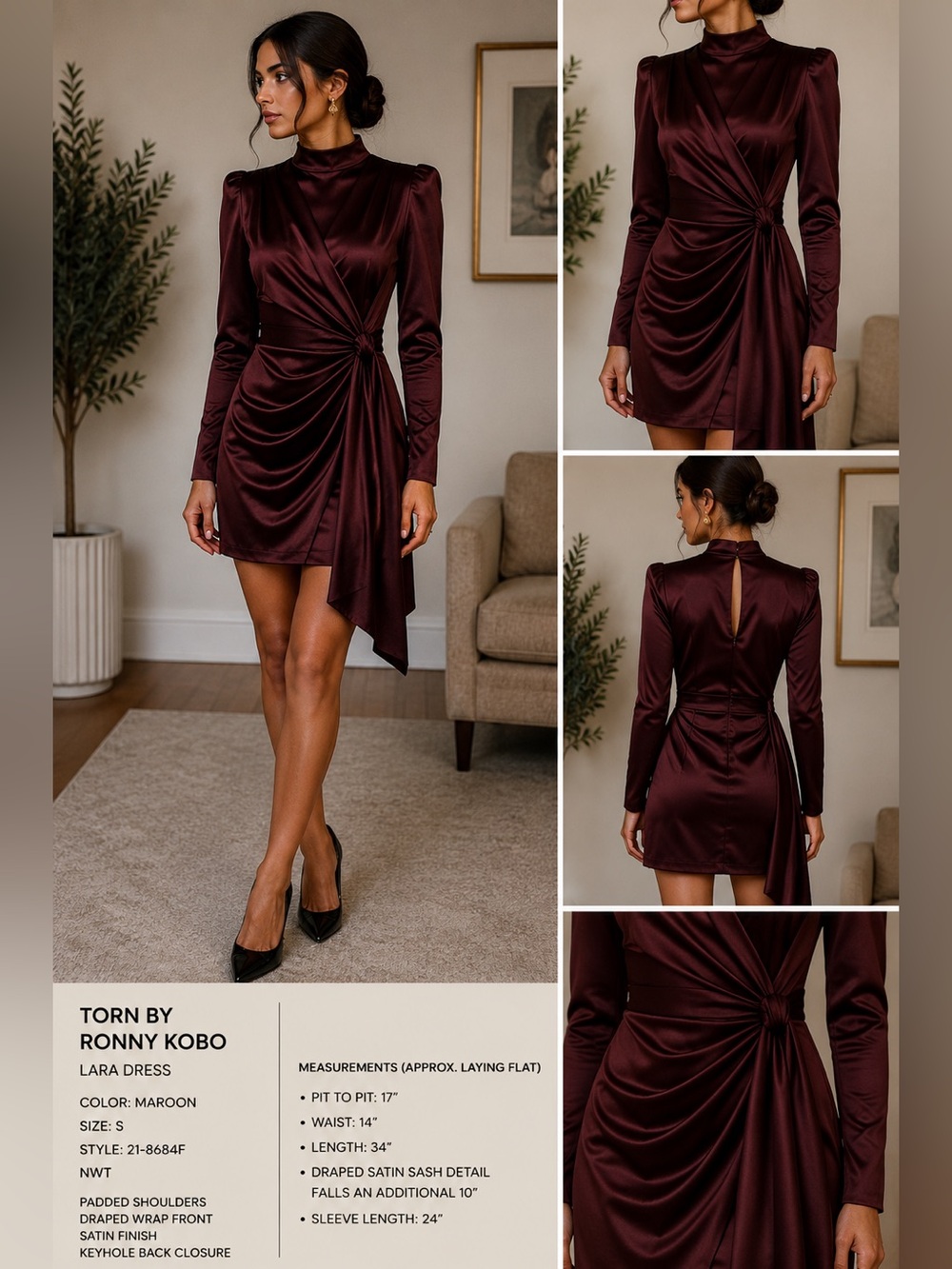 Torn by Ronny Kobo Maroon Lara Draped Wrap Dress Size S | NWT
